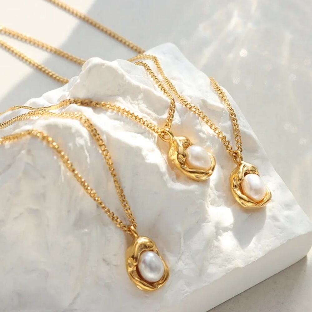 NEW 18K yellow gold plated freshwater pearl necklace chain jewelry B22B - Picture 2 of 5